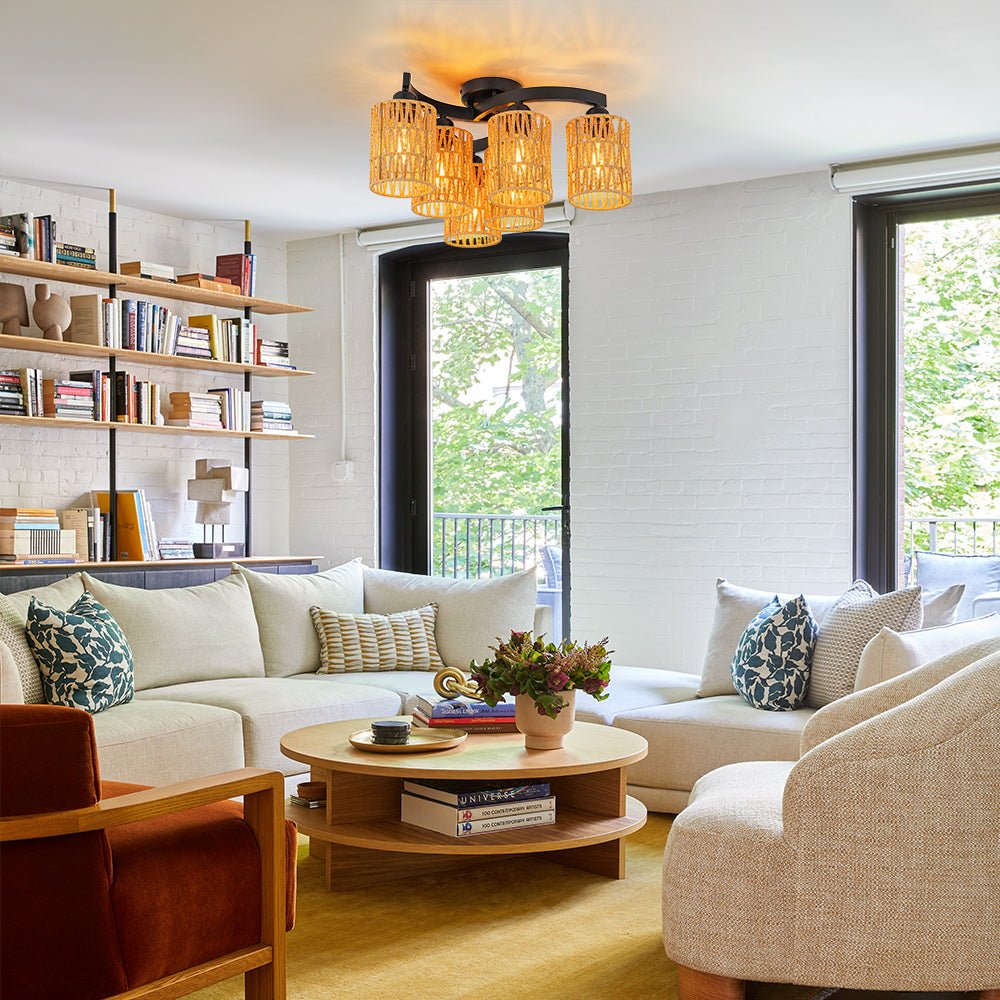 Pendantlightie - Boho Hand Woven Cluster Cage Semi Flush Mount - Semi Flush Mount - 6Lt -