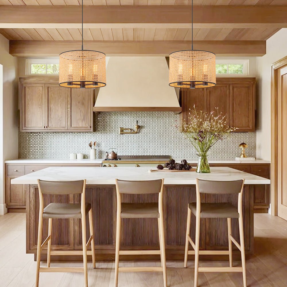 Pendantlightie - Boho Hollowed Rattan Hand Woven Drum Chandelier - Chandeliers - 3Lt -