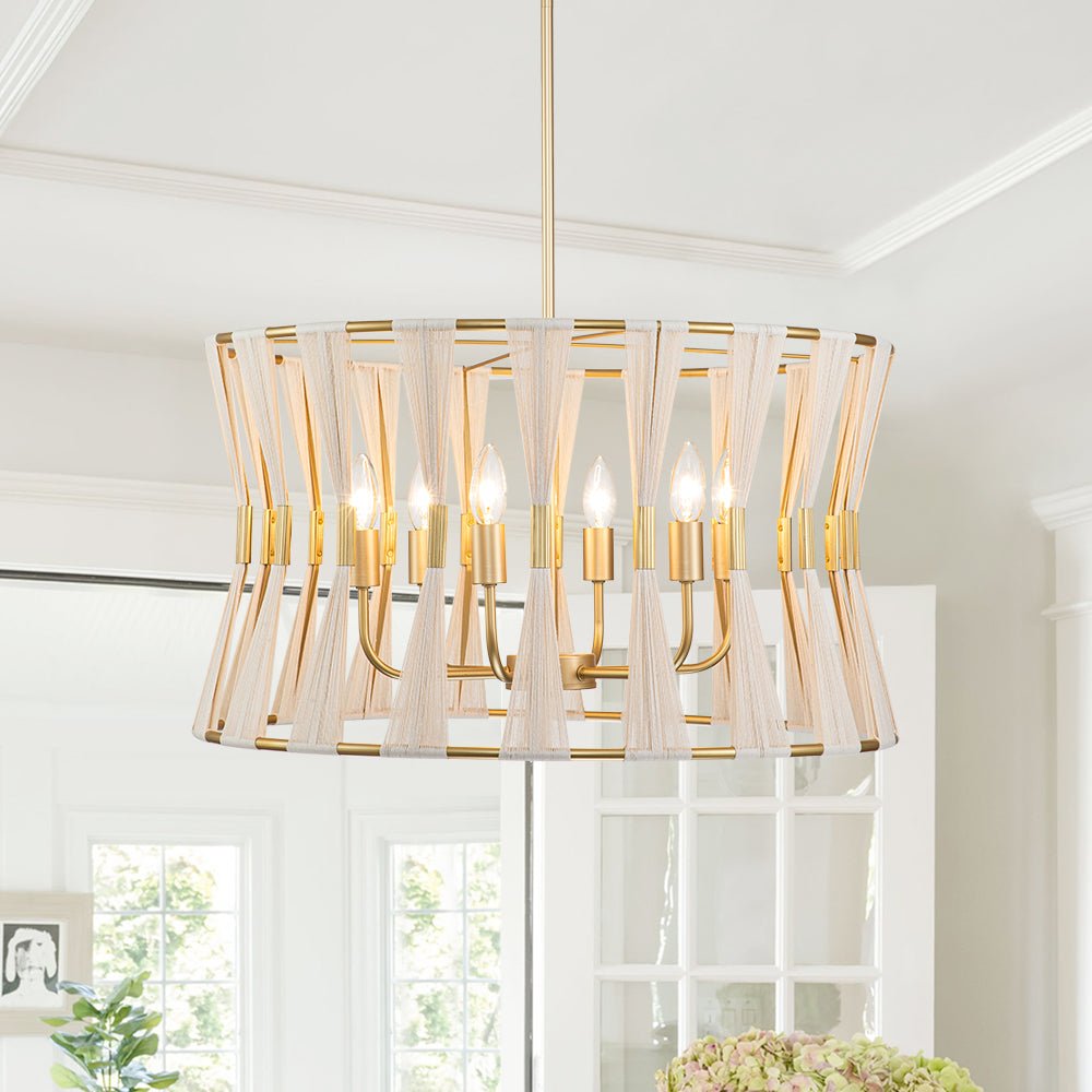 Pendantlightie - Coastal 6 - Light Boho Ivory Hourglass Drum Woven Chandelier - Chandeliers - Beige -