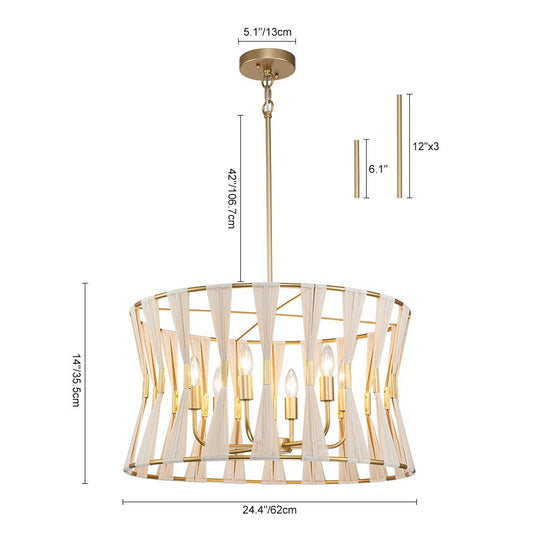 Pendantlightie - Coastal 6 - Light Boho Ivory Hourglass Drum Woven Chandelier - Chandeliers - Black -