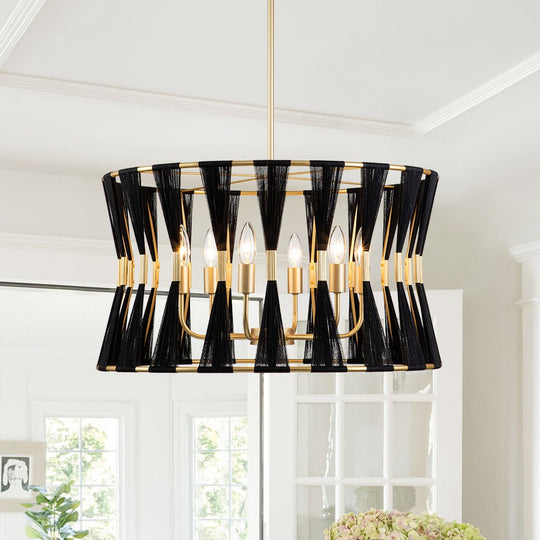 Pendantlightie - Coastal 6 - Light Boho Ivory Hourglass Drum Woven Chandelier - Chandeliers - Black -