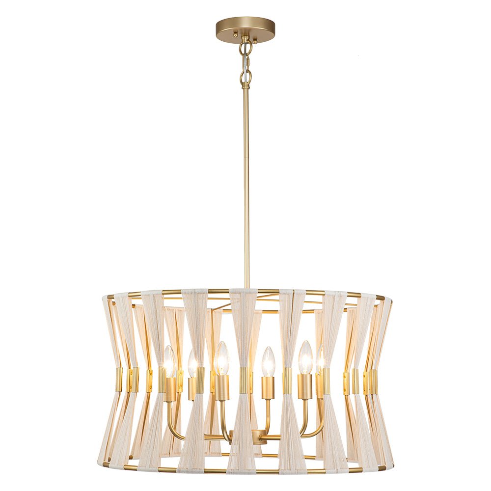 Pendantlightie - Coastal 6 - Light Boho Ivory Hourglass Drum Woven Chandelier - Chandeliers - Black -