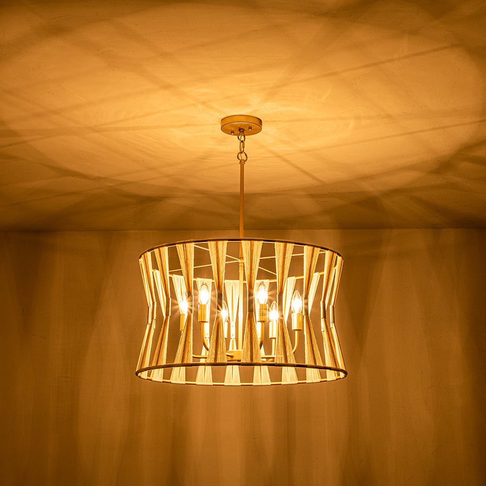 Pendantlightie - Coastal 6 - Light Boho Ivory Hourglass Drum Woven Chandelier - Chandeliers - Black -