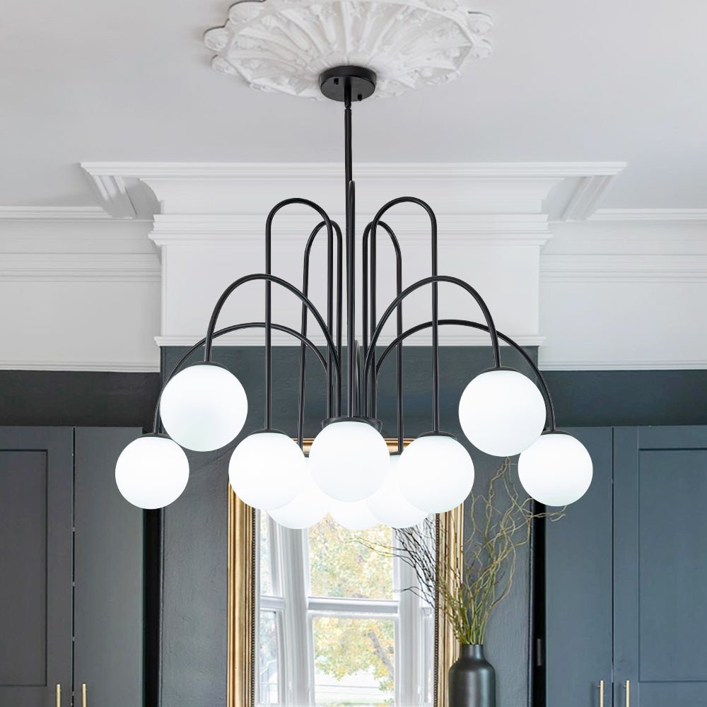 Pendantlightie-Contemporary 10-Light Curved Arm Glass Bubble Chandelier-Chandeliers-Black-
