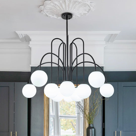 Pendantlightie-Contemporary 10-Light Curved Arm Glass Bubble Chandelier-Chandeliers-Black-