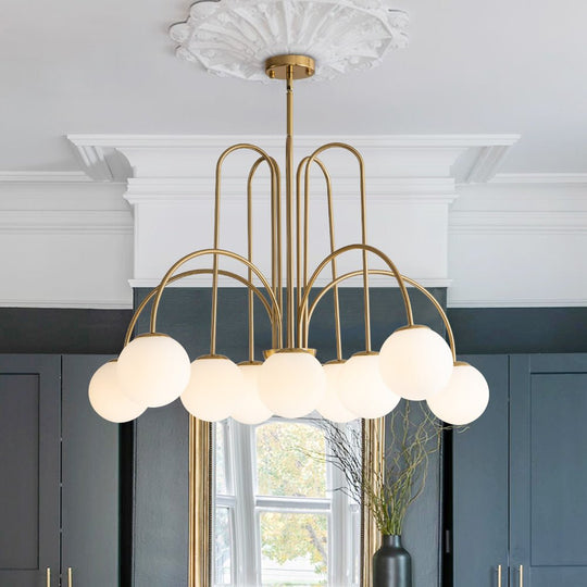 Pendantlightie-Contemporary 10-Light Curved Arm Glass Bubble Chandelier-Chandeliers-Brass-