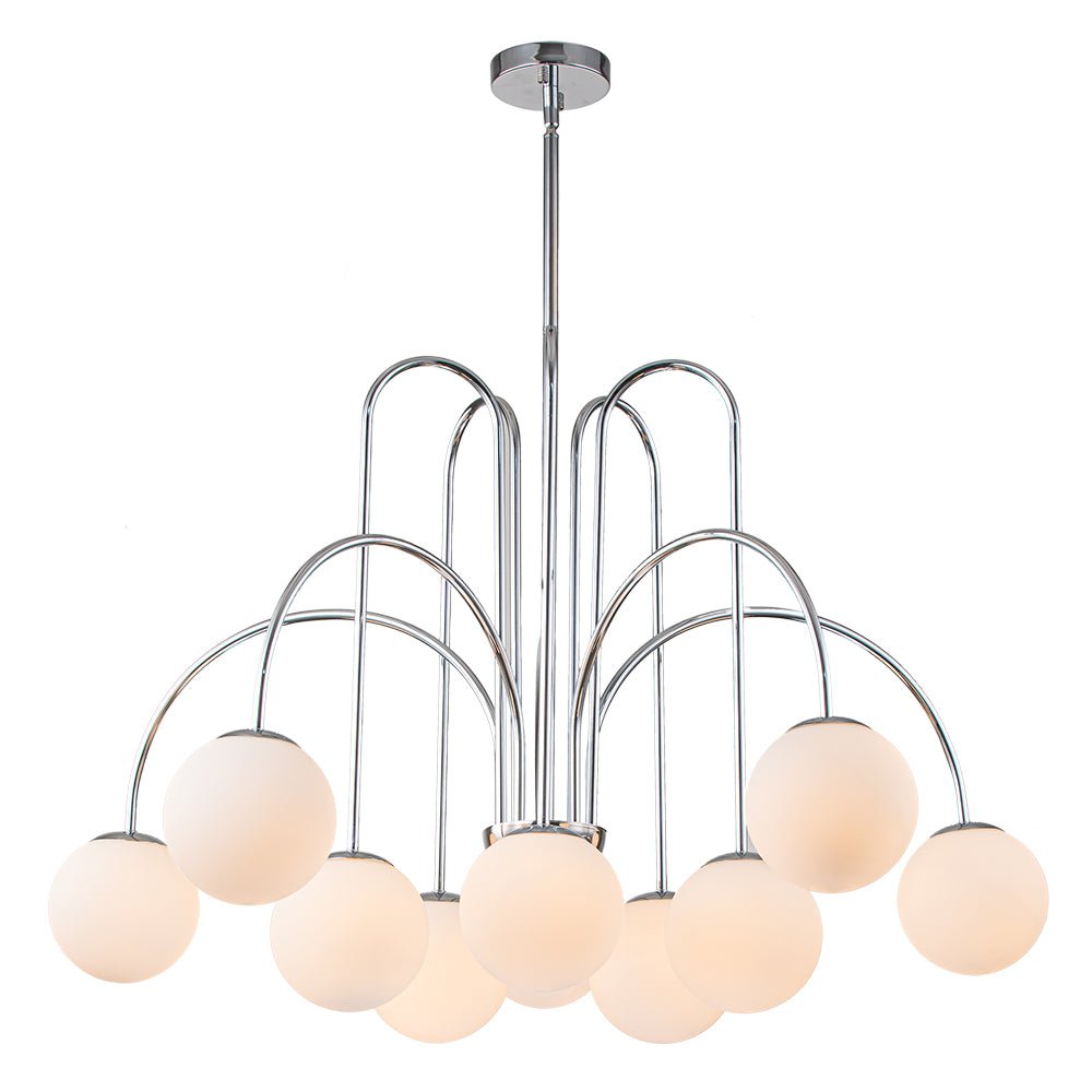 Pendantlightie-Contemporary 10-Light Curved Arm Glass Bubble Chandelier-Chandeliers-Chrome-