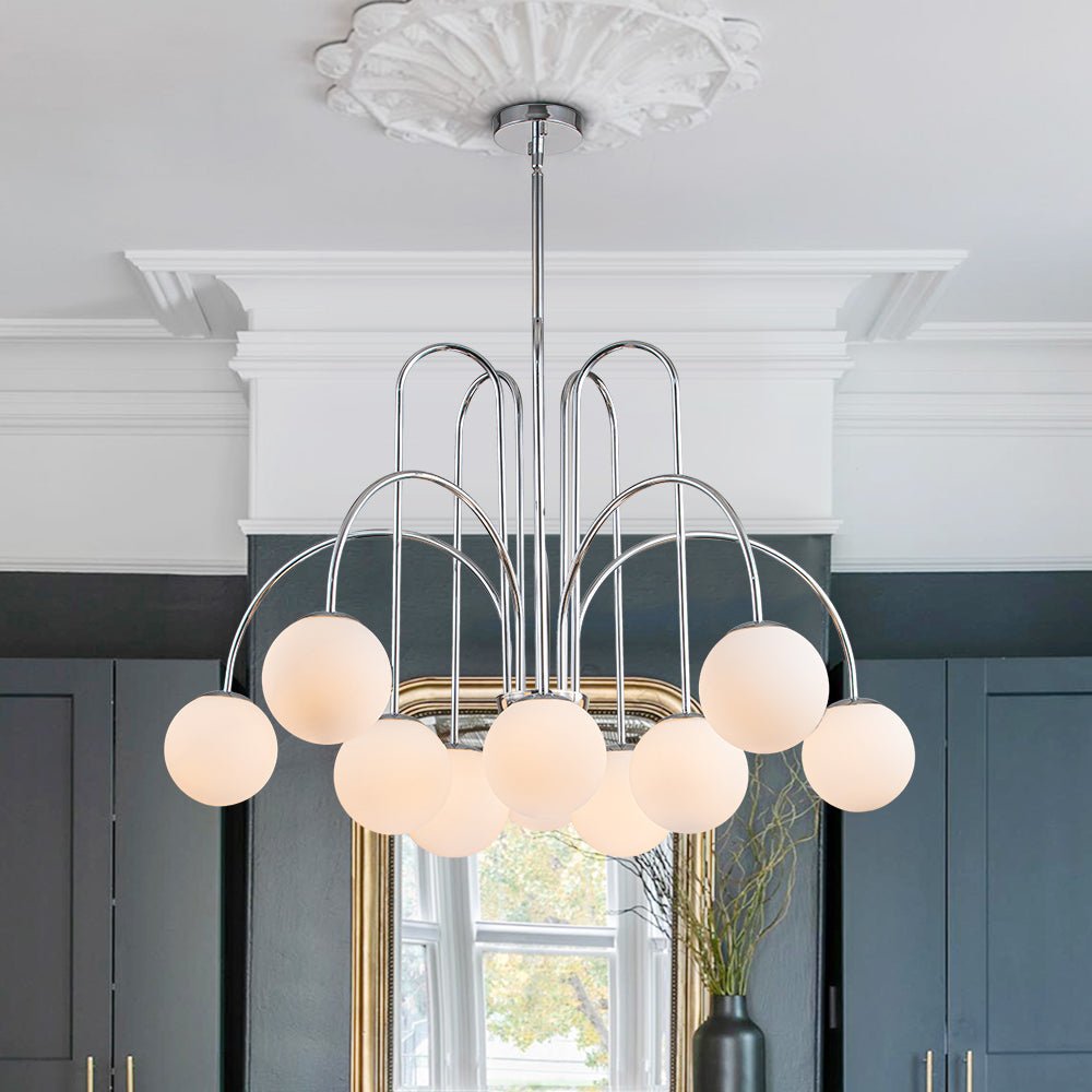 Pendantlightie-Contemporary 10-Light Curved Arm Glass Bubble Chandelier-Chandeliers-Chrome-