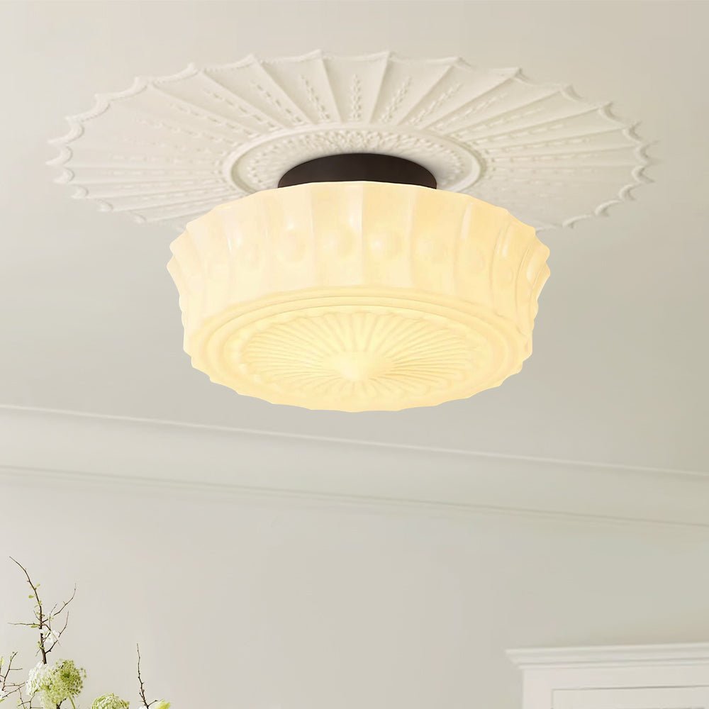 Pendantlightie - Cream Schoolhouse Design Vintage Drum Shaped White Glass Ceiling Light - Semi Flush Mount - Black -