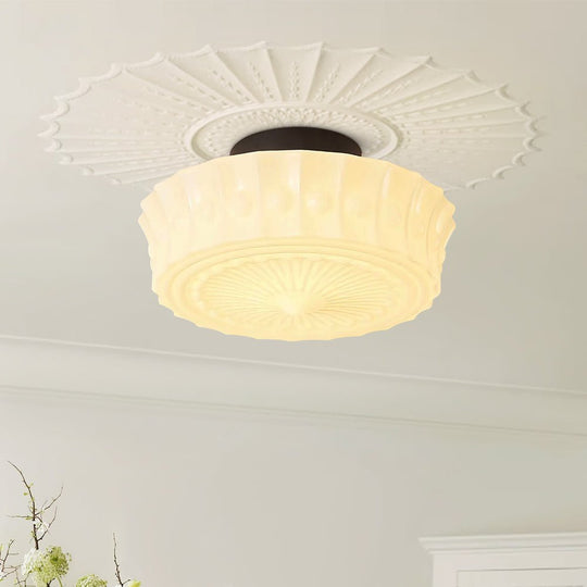 Pendantlightie - Cream Schoolhouse Design Vintage Drum Shaped White Glass Ceiling Light - Semi Flush Mount - Black -
