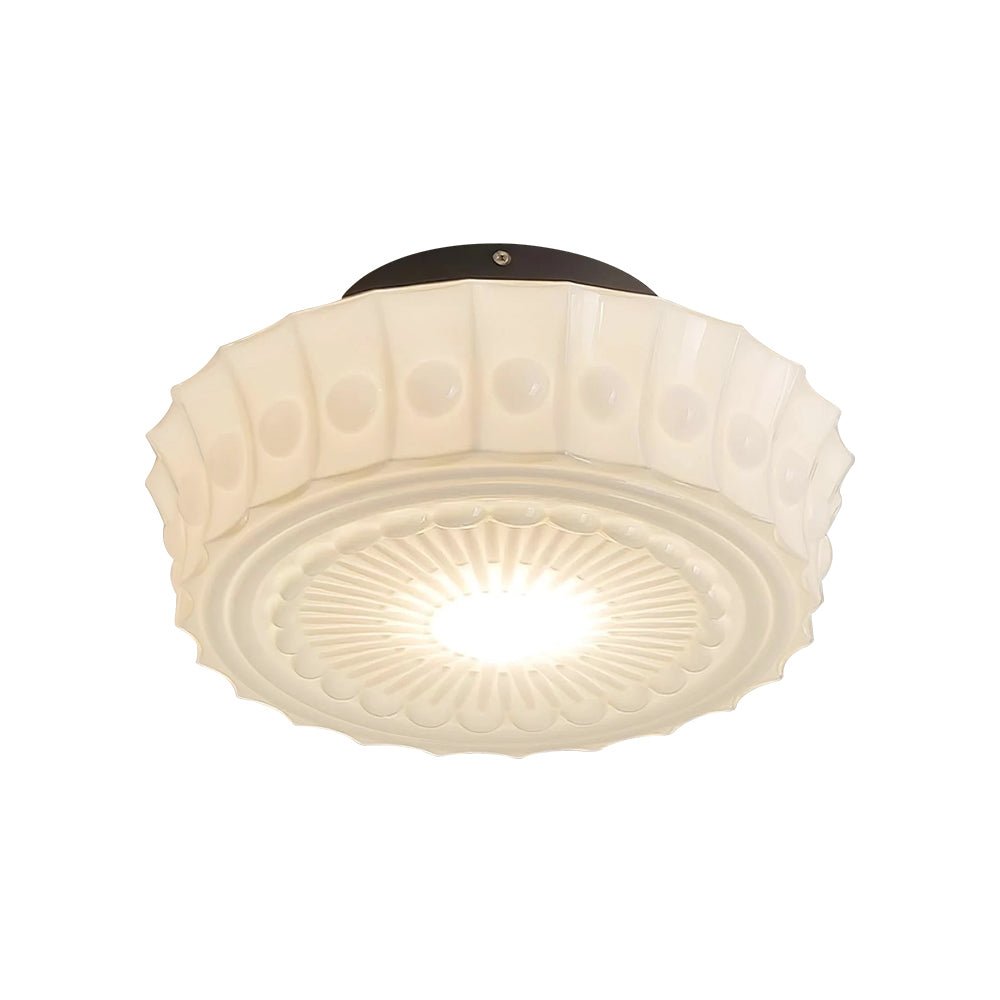 Pendantlightie - Cream Schoolhouse Design Vintage Drum Shaped White Glass Ceiling Light - Semi Flush Mount - Black -