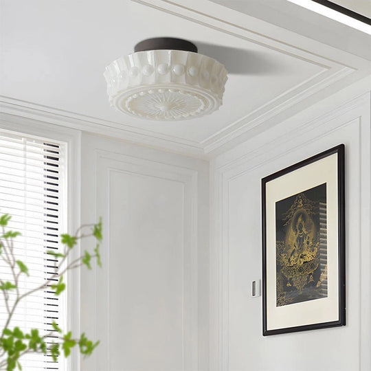 Pendantlightie - Cream Schoolhouse Design Vintage Drum Shaped White Glass Ceiling Light - Semi Flush Mount - Black -