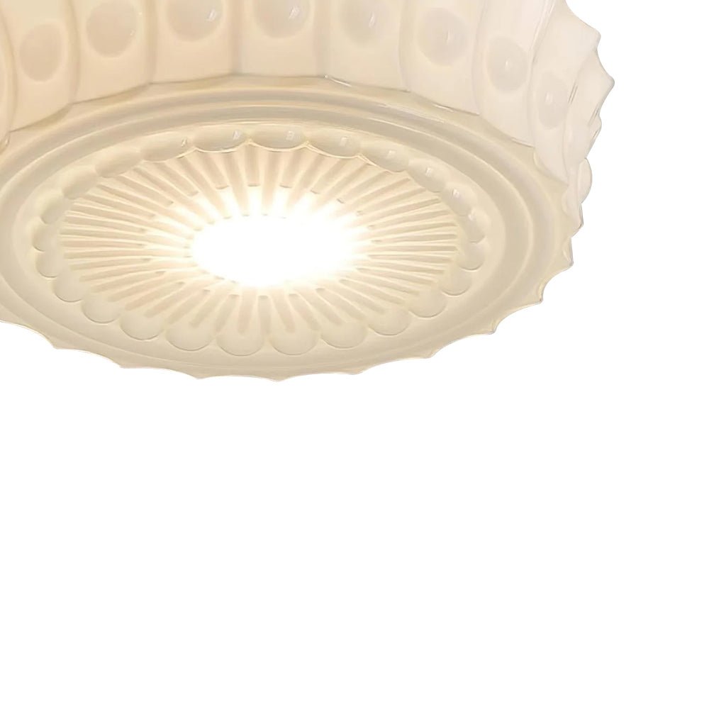 Pendantlightie - Cream Schoolhouse Design Vintage Drum Shaped White Glass Ceiling Light - Semi Flush Mount - Black -