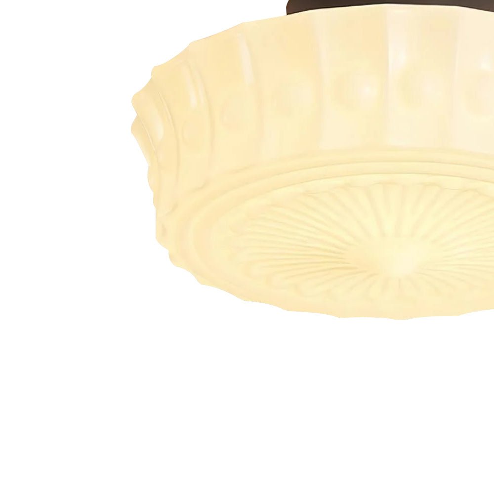 Pendantlightie - Cream Schoolhouse Design Vintage Drum Shaped White Glass Ceiling Light - Semi Flush Mount - Black -