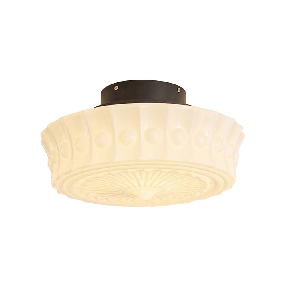 Pendantlightie - Cream Schoolhouse Design Vintage Drum Shaped White Glass Ceiling Light - Semi Flush Mount - Black -