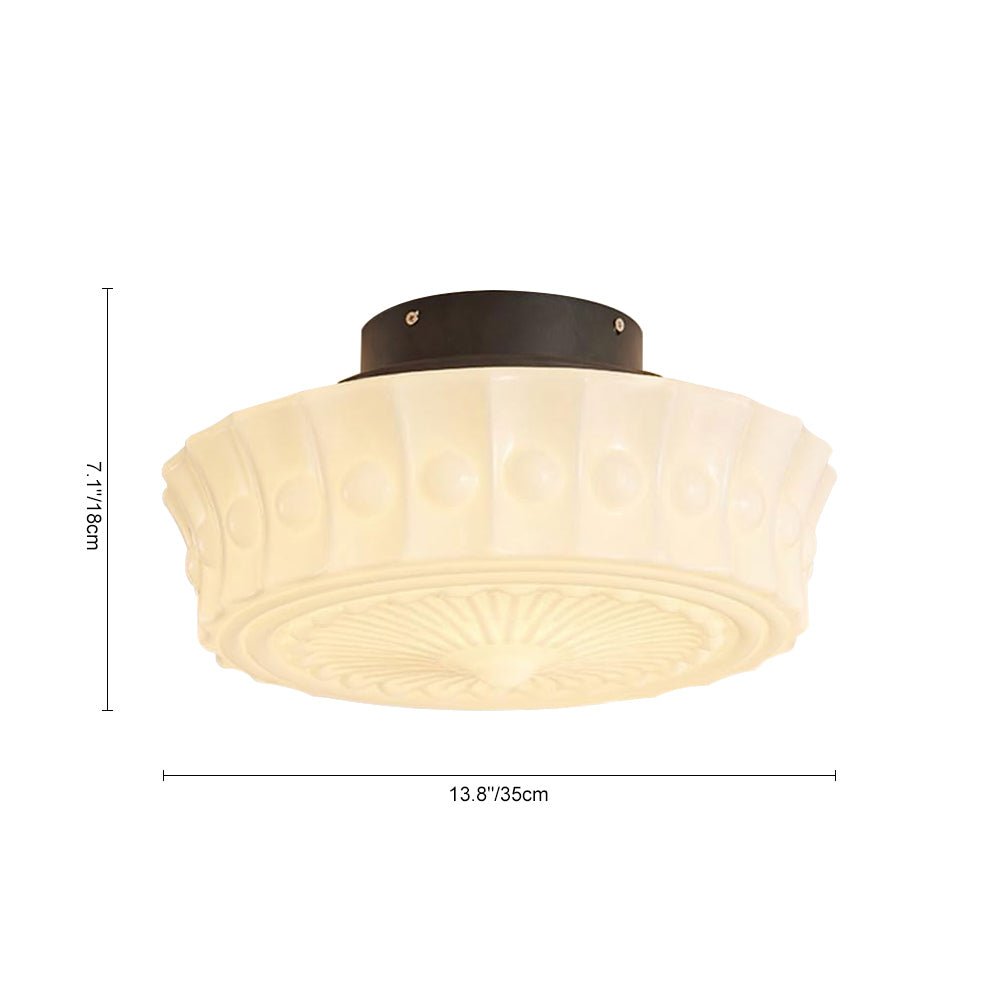 Pendantlightie - Cream Schoolhouse Design Vintage Drum Shaped White Glass Ceiling Light - Semi Flush Mount - Black -