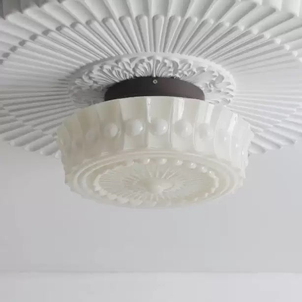 Pendantlightie - Cream Schoolhouse Design Vintage Drum Shaped White Glass Ceiling Light - Semi Flush Mount - Black -