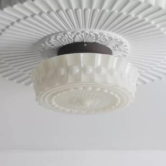 Pendantlightie - Cream Schoolhouse Design Vintage Drum Shaped White Glass Ceiling Light - Semi Flush Mount - Black -