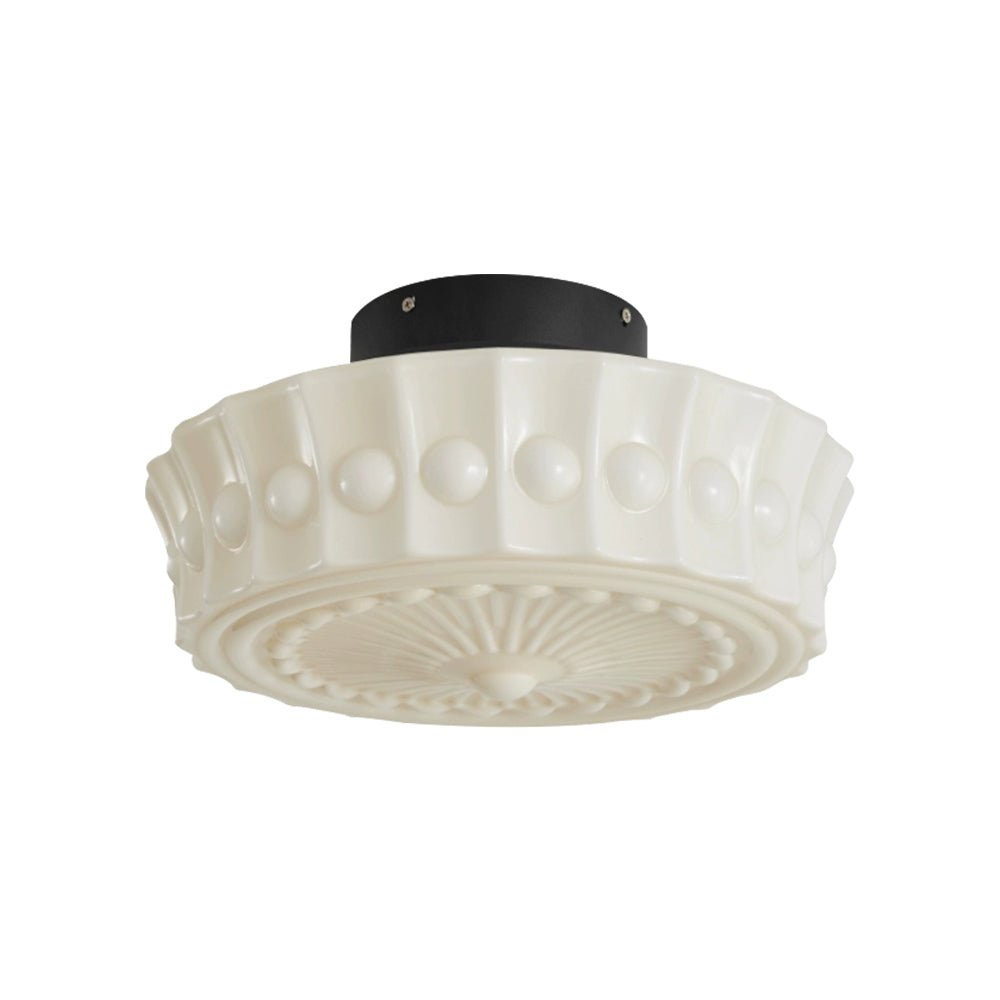 Pendantlightie - Cream Schoolhouse Design Vintage Drum Shaped White Glass Ceiling Light - Semi Flush Mount - Black -