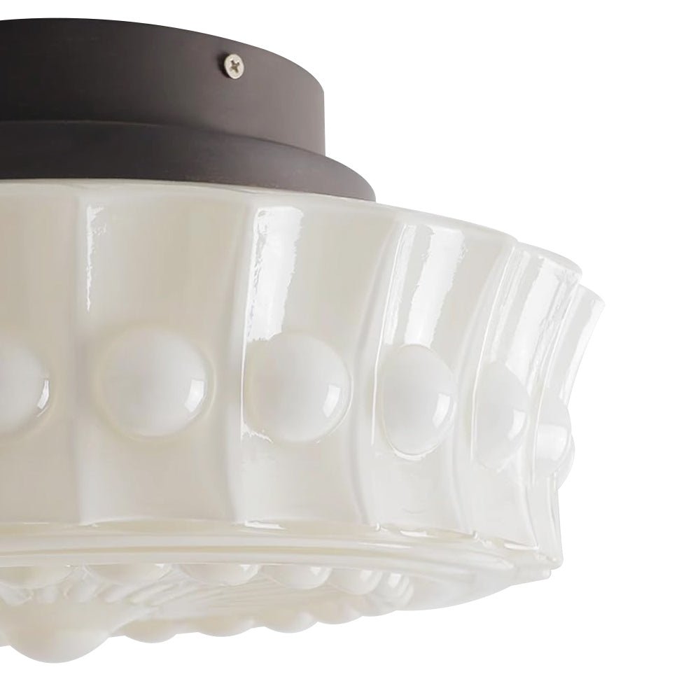 Pendantlightie - Cream Schoolhouse Design Vintage Drum Shaped White Glass Ceiling Light - Semi Flush Mount - Black -