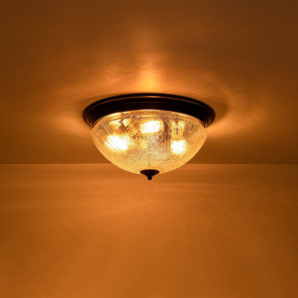 Pendantlightie - Farmhouse 3 - Light Bowl Crackled Glass Ceiling Light For Low Ceiling - Flush Mount - Black -
