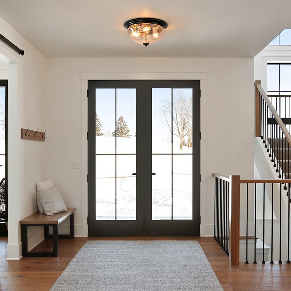 Pendantlightie - Farmhouse 3 - Light Bowl Crackled Glass Ceiling Light For Low Ceiling - Flush Mount - Black -