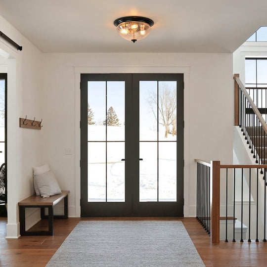 Pendantlightie - Farmhouse 3 - Light Bowl Crackled Glass Ceiling Light For Low Ceiling - Flush Mount - Black -