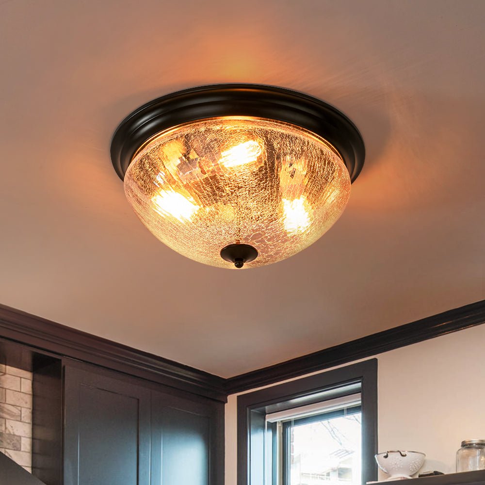 Pendantlightie - Farmhouse 3 - Light Bowl Crackled Glass Ceiling Light For Low Ceiling - Flush Mount - Black -