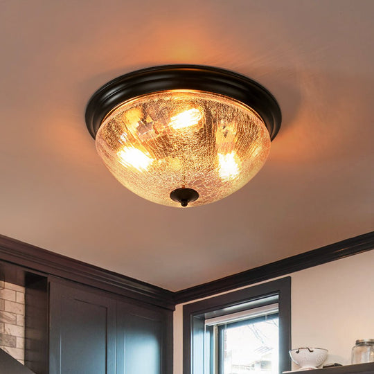 Pendantlightie - Farmhouse 3 - Light Bowl Crackled Glass Ceiling Light For Low Ceiling - Flush Mount - Black -