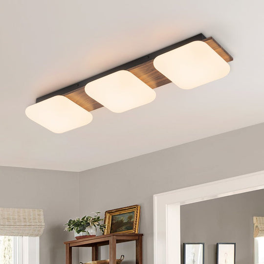 Pendantlightie - Farmhouse 3 - Light Square Wooden Grain LED Semi Flush Mount With Shade - Semi Flush Mount - Walnut Grain -