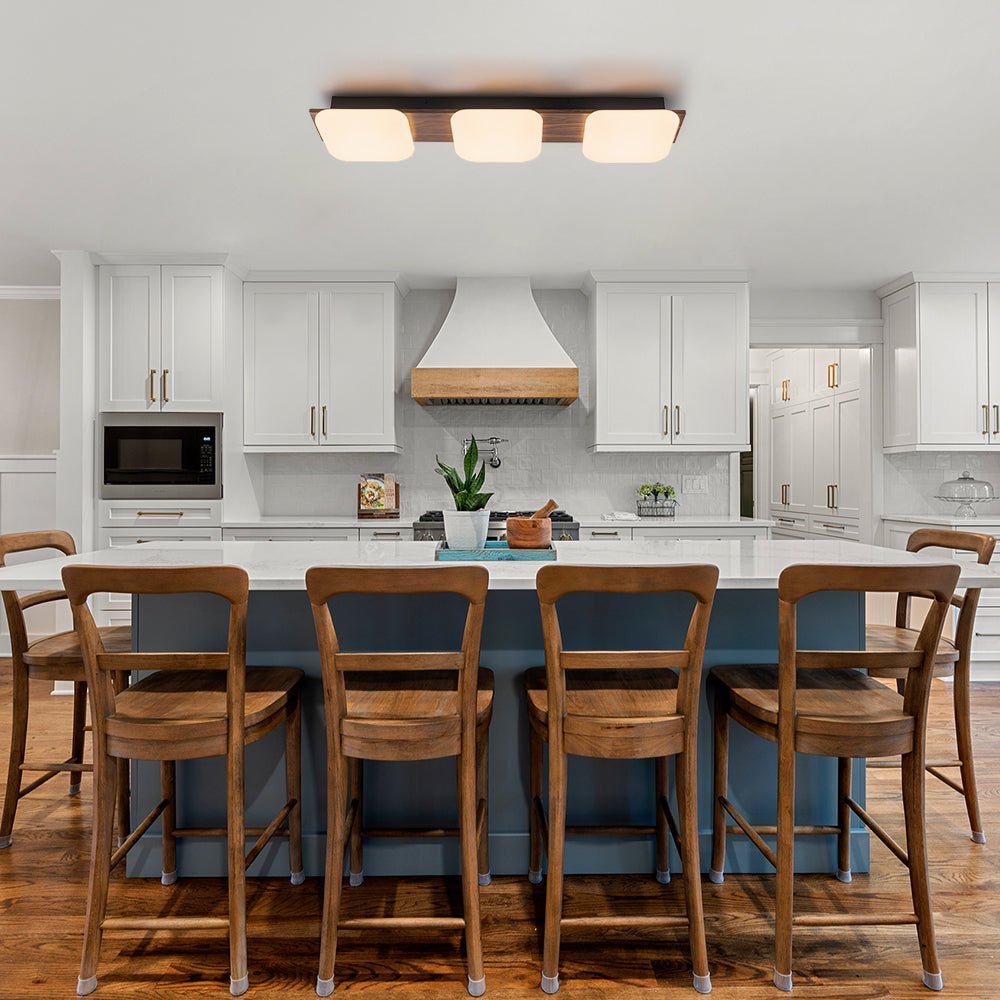 Pendantlightie - Farmhouse 3 - Light Square Wooden Grain LED Semi Flush Mount With Shade - Semi Flush Mount - Walnut Grain -