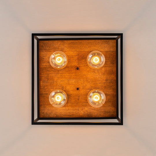 Pendantlightie - Farmhouse 4 - Light Cage Square Flush Ceiling Light With Wood Accents - Flush Mount - Black -