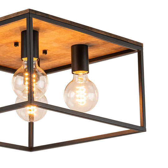 Pendantlightie - Farmhouse 4 - Light Cage Square Flush Ceiling Light With Wood Accents - Flush Mount - Black -