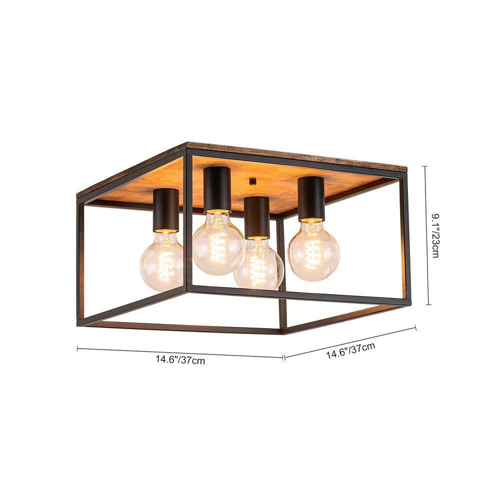 Pendantlightie - Farmhouse 4 - Light Cage Square Flush Ceiling Light With Wood Accents - Flush Mount - Black -