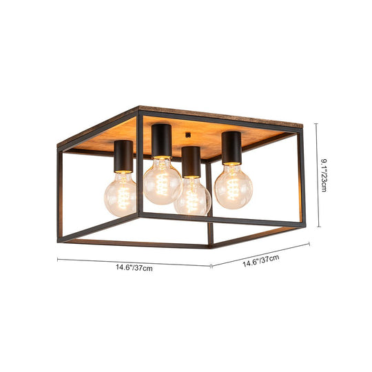 Pendantlightie - Farmhouse 4 - Light Cage Square Flush Ceiling Light With Wood Accents - Flush Mount - Black -