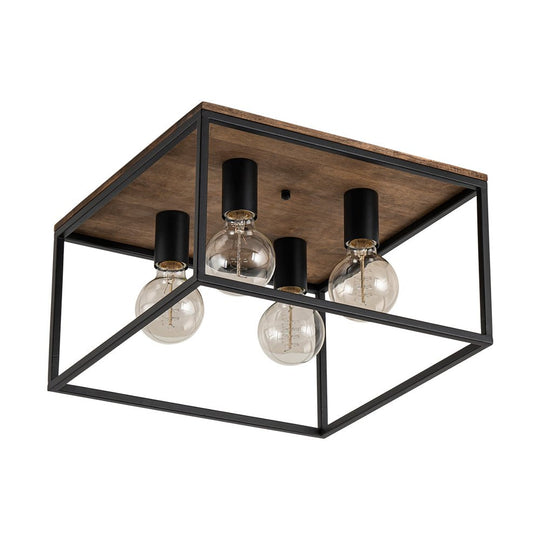 Pendantlightie - Farmhouse 4 - Light Cage Square Flush Ceiling Light With Wood Accents - Flush Mount - Black -