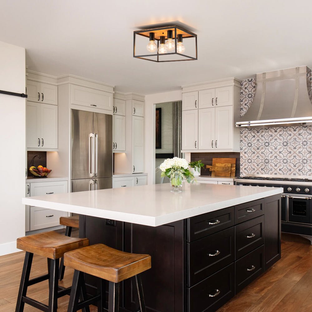 Pendantlightie - Farmhouse 4 - Light Cage Square Flush Ceiling Light With Wood Accents - Flush Mount - Black -