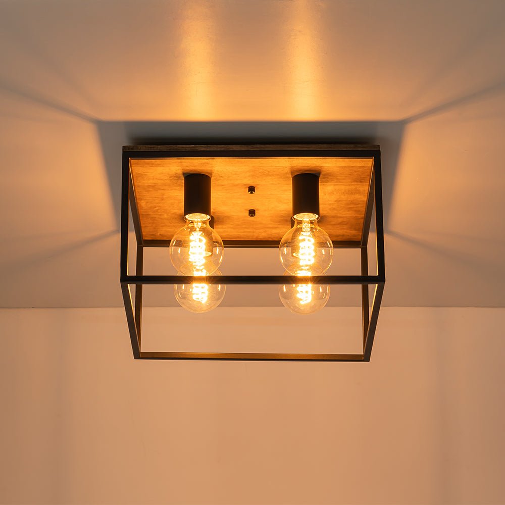 Pendantlightie - Farmhouse 4 - Light Cage Square Flush Ceiling Light With Wood Accents - Flush Mount - Black -