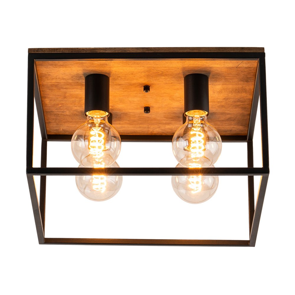Pendantlightie - Farmhouse 4 - Light Cage Square Flush Ceiling Light With Wood Accents - Flush Mount - Black -