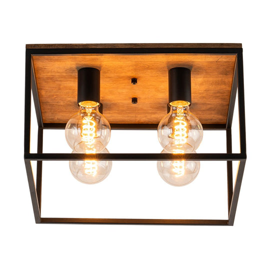 Pendantlightie - Farmhouse 4 - Light Cage Square Flush Ceiling Light With Wood Accents - Flush Mount - Black -