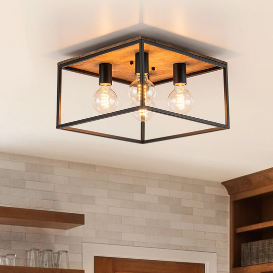Pendantlightie - Farmhouse 4 - Light Cage Square Flush Ceiling Light With Wood Accents - Flush Mount - Black -