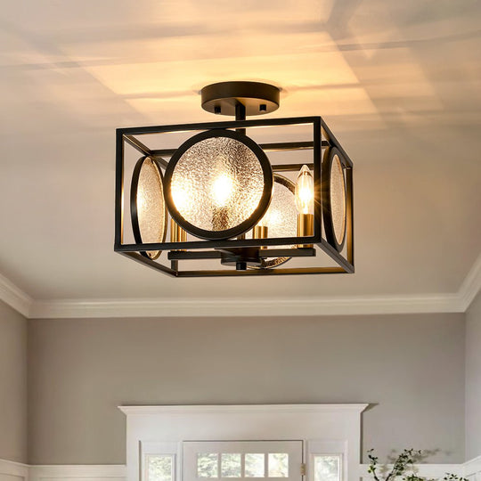 Pendantlightie - Farmhouse 4 - Light Square Water Glass Semi Flush Mount Passage Stair - Semi Flush Mount - Black -