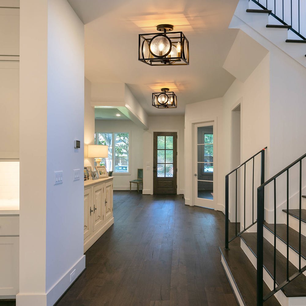 Pendantlightie - Farmhouse 4 - Light Square Water Glass Semi Flush Mount Passage Stair - Semi Flush Mount - Black -