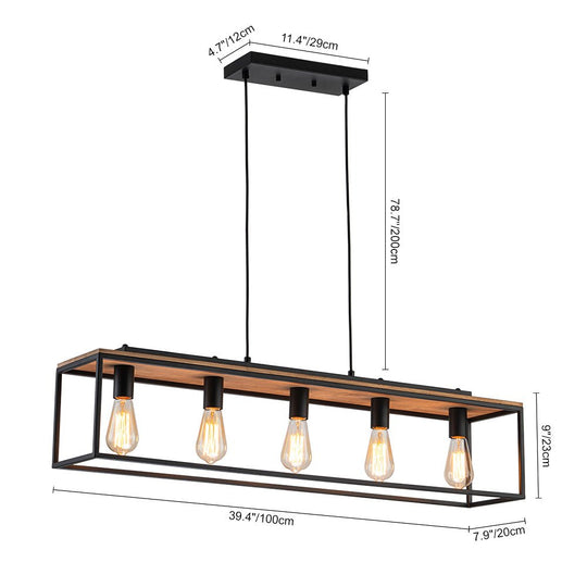 Pendantlightie - Farmhouse 5 - Light Kitchen Island Wood Accents Rectangular Chandelier - Chandeliers - Black -