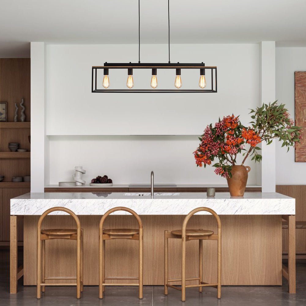 Pendantlightie - Farmhouse 5 - Light Kitchen Island Wood Accents Rectangular Chandelier - Chandeliers - Black -