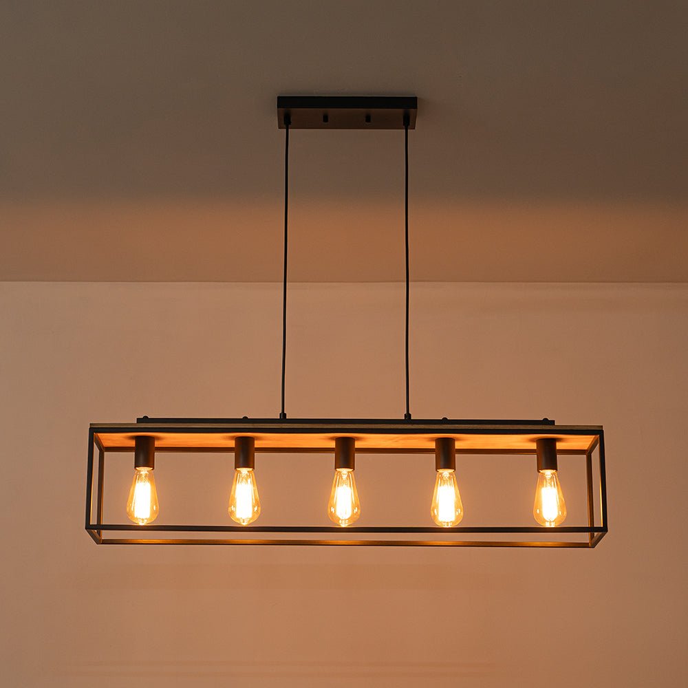 Pendantlightie - Farmhouse 5 - Light Kitchen Island Wood Accents Rectangular Chandelier - Chandeliers - Black -