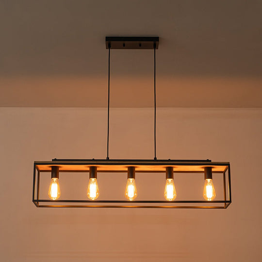 Pendantlightie - Farmhouse 5 - Light Kitchen Island Wood Accents Rectangular Chandelier - Chandeliers - Black -