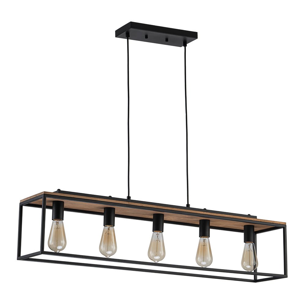 Pendantlightie - Farmhouse 5 - Light Kitchen Island Wood Accents Rectangular Chandelier - Chandeliers - Black -