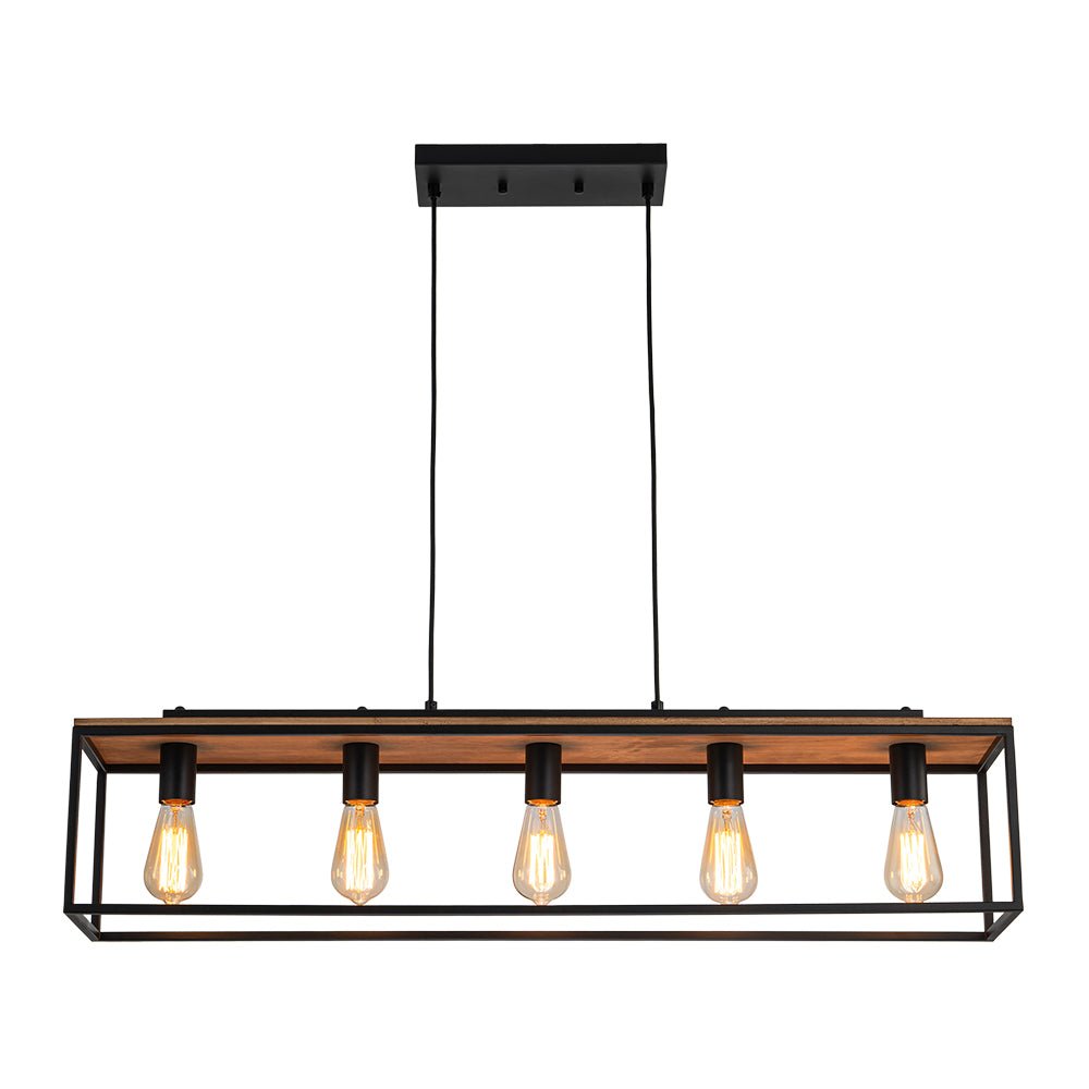 Pendantlightie - Farmhouse 5 - Light Kitchen Island Wood Accents Rectangular Chandelier - Chandeliers - Black -