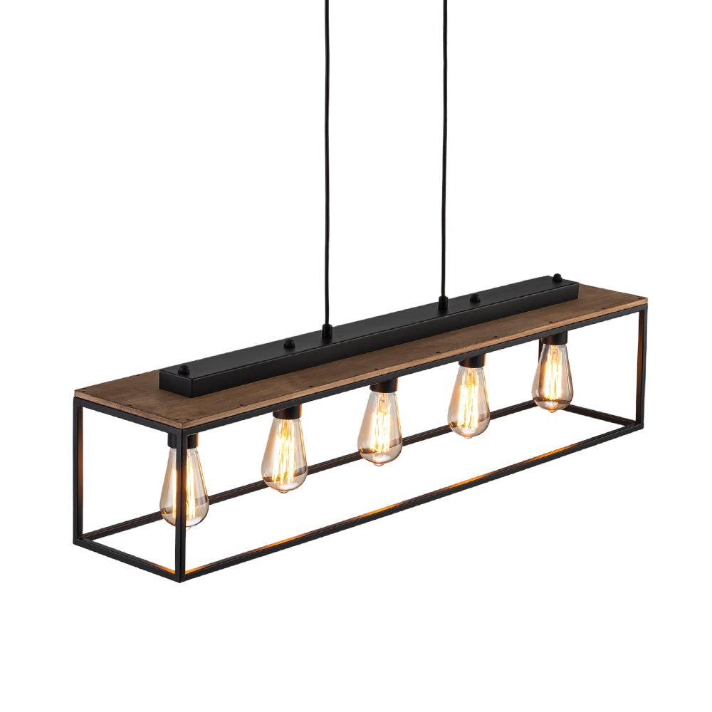 Pendantlightie - Farmhouse 5 - Light Kitchen Island Wood Accents Rectangular Chandelier - Chandeliers - Black -